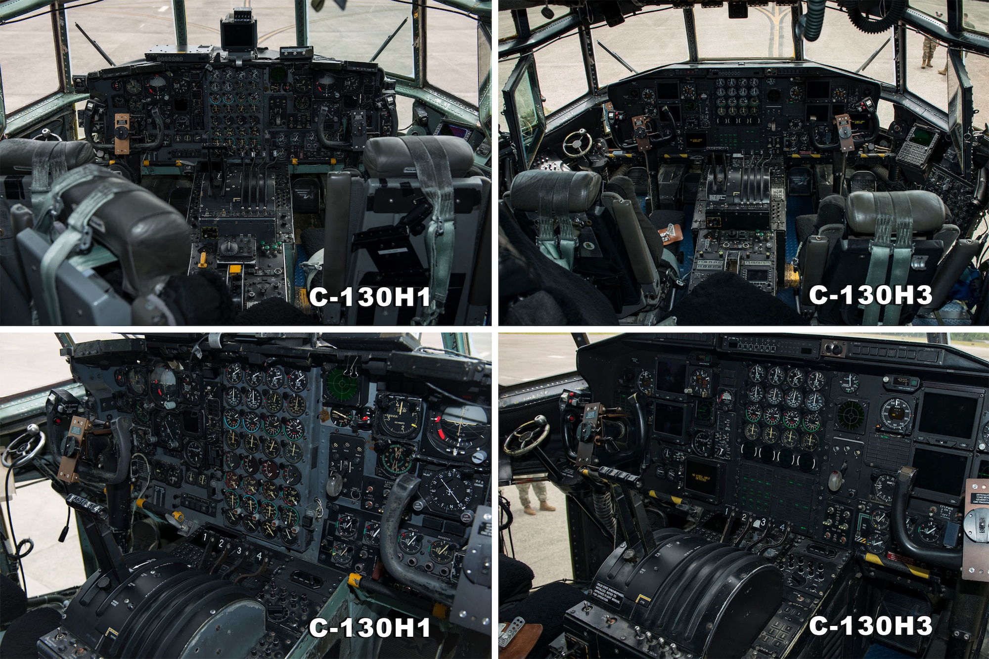 The avionics packages of the C-130H1 and C-130H3 aircraft are displayed, side-by-side, June 2, 2021 at Bradley Air National Guard Base, Connecticut. The Connecticut Air National Guard received H3 model C-130s as part of a plan to upgrade the unit's fleet of aircraft. (U.S. Air National Guard photo by Master Sgt. Tamara R. Dabney)