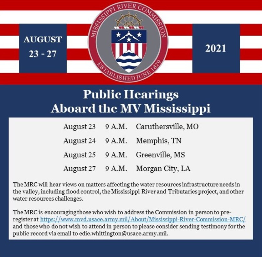 dates, times, and locations of scheduled public meetings aboard the MV Mississippi for the 2021 MRC Low Water Inspection Trip