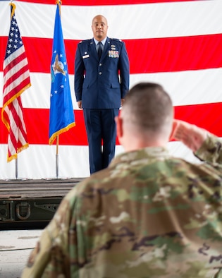 Master Sgt. Thomas Scott, 88th Operations Support Squadron superintendent, renders the ceremonial first salute to his new commander, Lt. Col. Donald Roley, during the squadron’s change of command ceremony June 21, 2021, at Wright-Patterson Air Force base, Ohio. The 88th OSS oversees the operation of the base’s airfield including the air traffic control section and the weather office. (U.S. Air Force photo by R.J. Oriez)