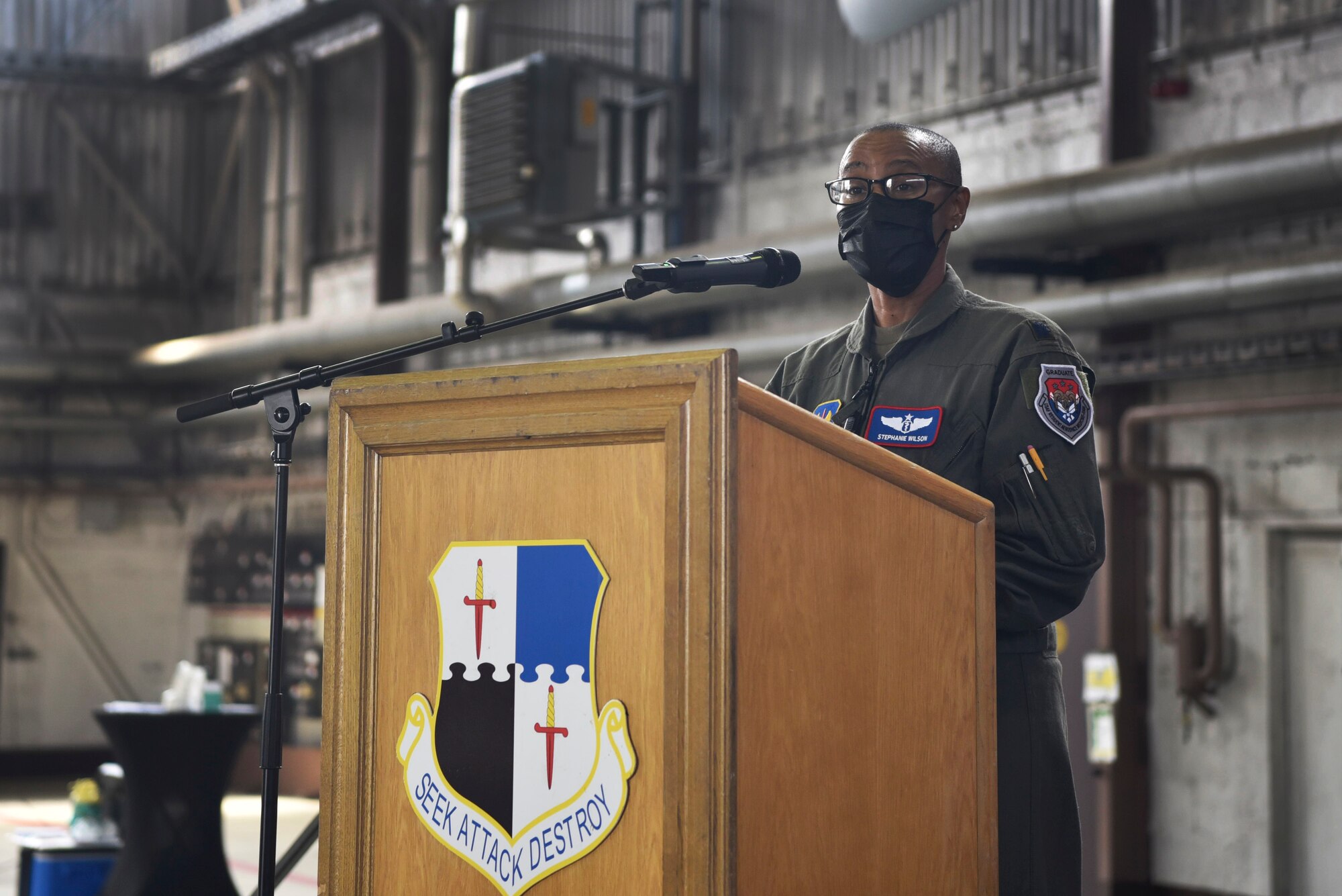 U.S. Air Force Lt. Col. Stephanie E. Wilson, the new 52nd Operational Medical Readiness Squadron commander, addresses the 52nd OMRS for the first time during the 52nd OMRS change of command ceremony June 18, 2021, on Spangdahlem Air Base, Germany.