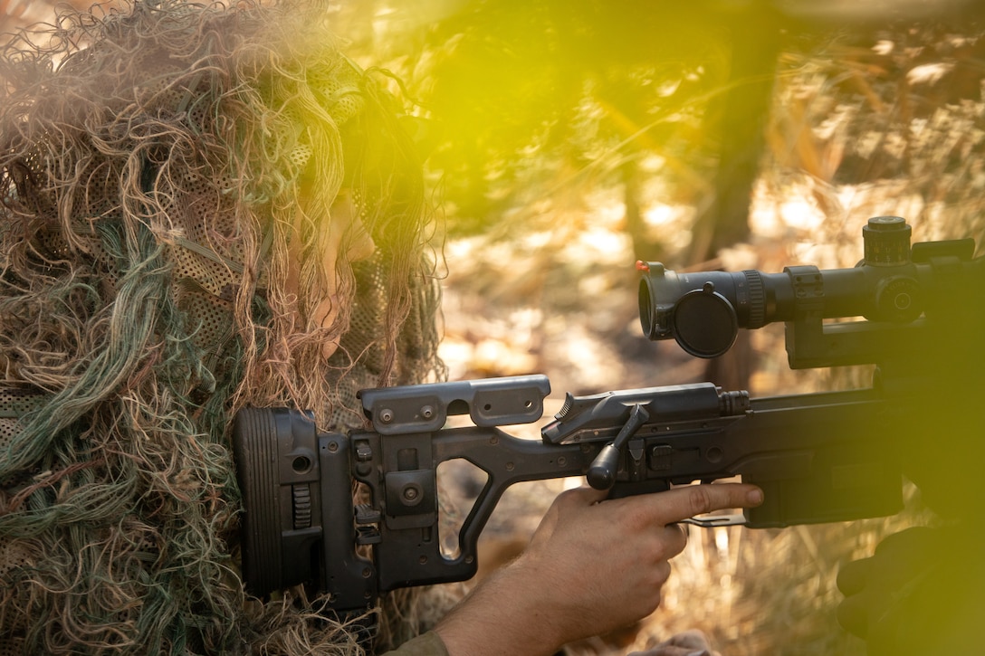 An Australian Army soldier sights in on a target with a Blaser Tactical 2 Sniper Rifle during Exercise Southern Jackaroo at Mount Bundey Training Area, June 18, 2021. U.S. Marines, U.S. Navy sailors, Australian Army soldiers and Japan Ground Self-Defense Force soldiers conducted a live fire range exercising their combined long-range precision marksmanship capabilities on multiple weapons systems. Defense ties between the United States, allies and partner nations are critical to regional security, cooperation and integration of our combined capabilities.