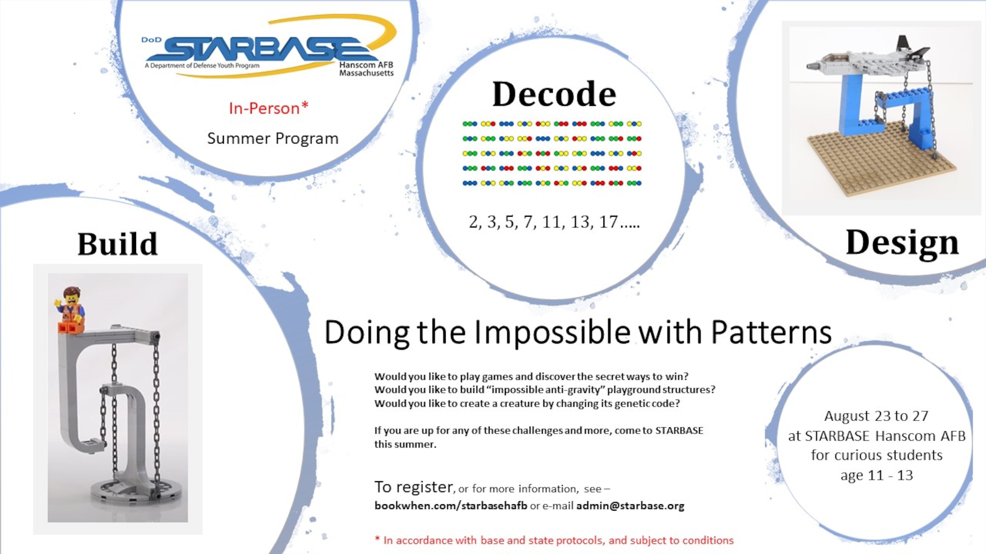 The Hanscom Air Force Base, Mass., STARBASE Academy will host a summer camp program “Doing the Impossible with Patterns,” Aug. 23 to 27. The five-day, in-person program will teach campers ages 11 to 13 about patterns in design, programming, and biology. (Courtesy Graphic)