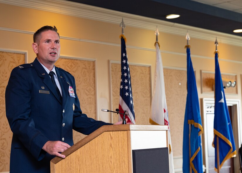 U.S. Air Force Maj. Gen. Chad P. Franks, 15th Air Force commander, delivers remarks during a change of command ceremony at Joint Base Langley Eustis, June 25, 2021. Franks thanked U.S. Air Force Col. Clint Ross, outgoing 633d Air Base Wing commander, for his contributions to the wing’s success during his tenure.