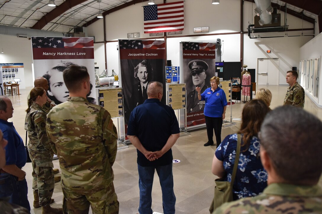 Sandra Spears, Women Airforce Service Pilots World War II Museum board member hosts a tour at the National WASP WWII Museum in Sweetwater, Texas, June 24, 2021. The museum houses over 16 exhibits and is located on Avenger Field where WASP trained to fly military aircraft. There were over 18 WASP classes and 15 graduated from Avenger Field. (U.S. Air Force photo by Senior Airman Jermaine Ayers)