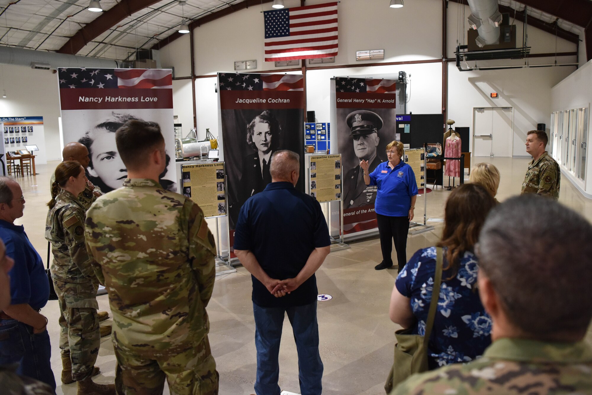 Sandra Spears, Women Airforce Service Pilots World War II Museum board member hosts a tour at the National WASP WWII Museum in Sweetwater, Texas, June 24, 2021. The museum houses over 16 exhibits and is located on Avenger Field where WASP trained to fly military aircraft. There were over 18 WASP classes and 15 graduated from Avenger Field. (U.S. Air Force photo by Senior Airman Jermaine Ayers)