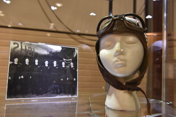 Headgear worn by Women Airforce Service Pilots graduates sets on display at the National WASP Word War II Museum in Sweetwater, Texas, June 24, 2021. The helmet belonged to Mary Gilmore who was a WASP graduate.  (U.S. Air Force photo by Senior Airman Jermaine Ayers)