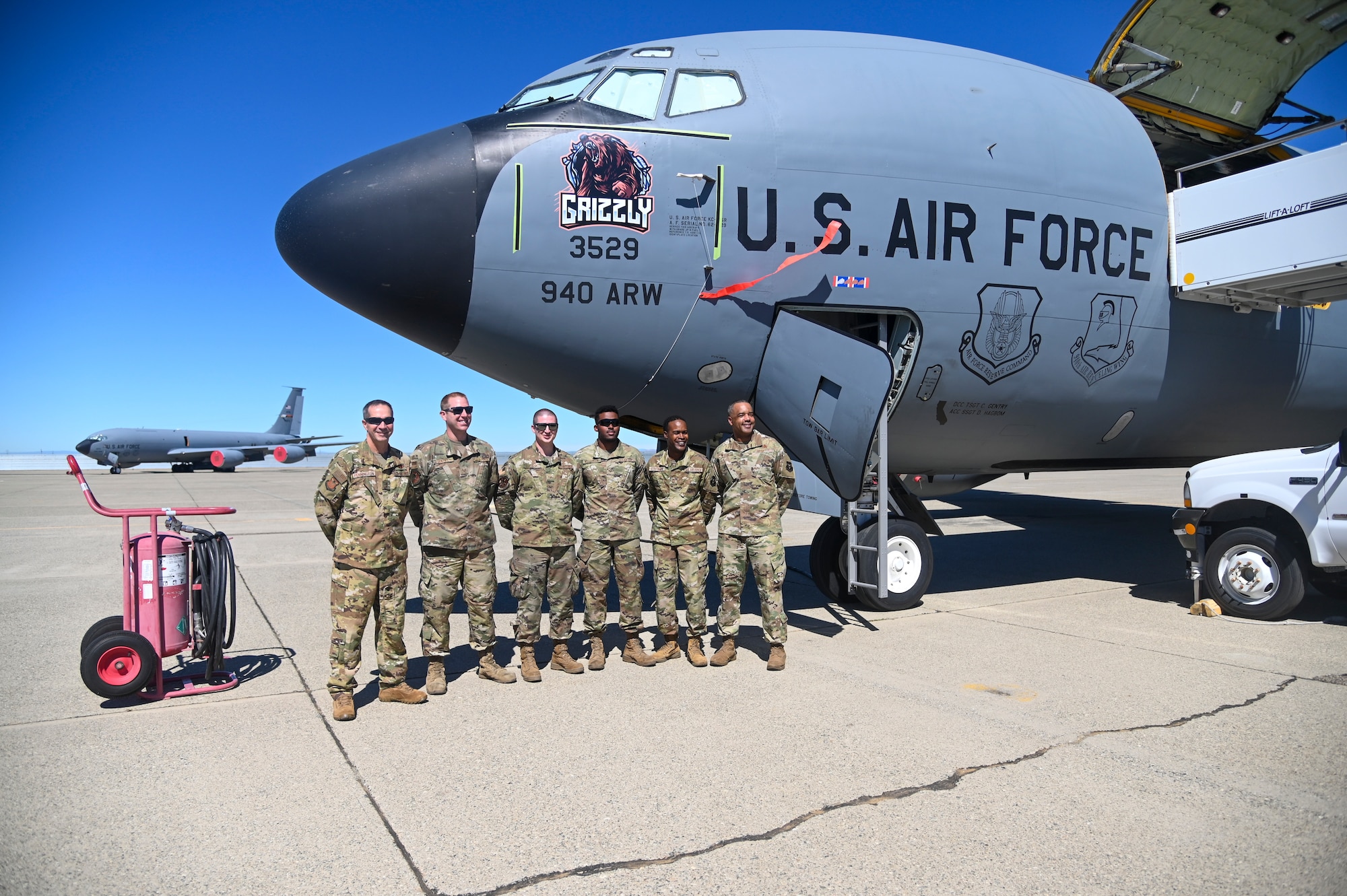 The crew chiefs assigned to the 940th Air Refueling Wing’s KC-135 Stratotanker, Grizzly, stand with leadership from the wing, Fourth Air Force and Air Force Reserve Command June 13, 2021, at Beale Air Force Base, California.