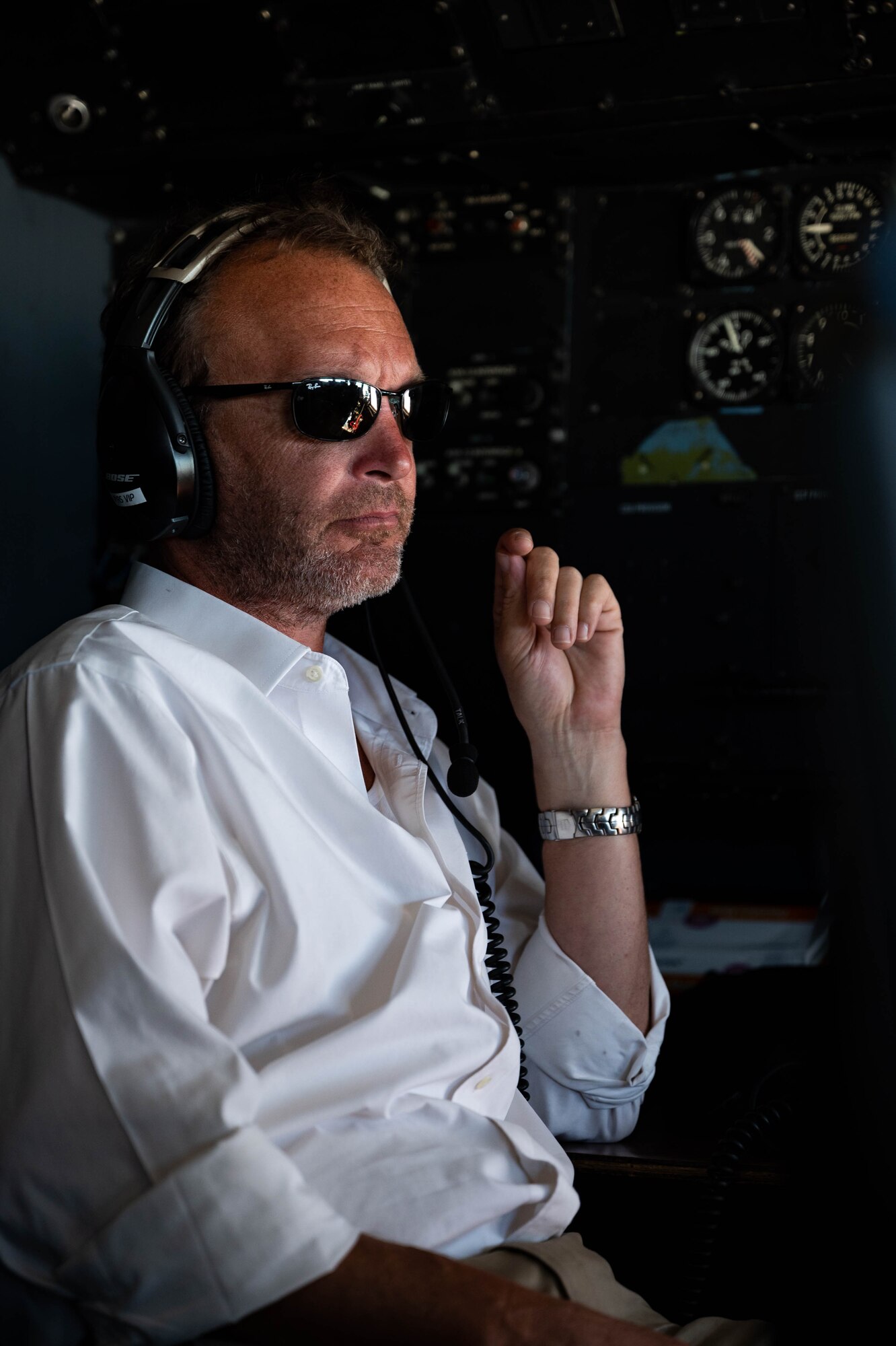 Todd Stonesifer, Dover Air Force Base honorary commander, sits in the navigation seat of a C-5M Super Galaxy during an incentive flight over New York, June 23, 2021. The Dover AFB honorary commanders program encourages an exchange of ideas, experiences and friendships between key members of the local community and Dover AFB. (U.S. Air Force photos by Senior Airman Faith Schaefer)