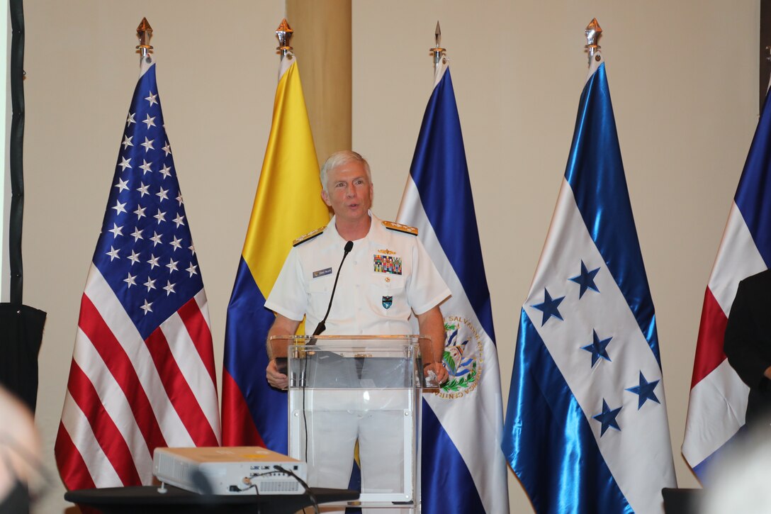Navy Adm. Craig Faller, commander of U.S. Southern Command, speaks during the Central American Security Conference.