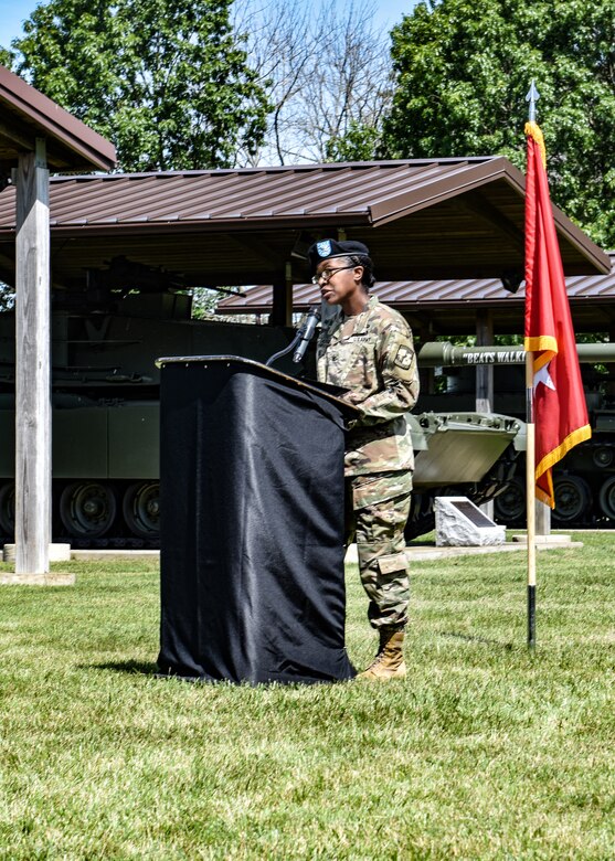 U.S. Army Col. Kandace Daffin gives her first speech after assuming command of the 2nd Brigade ROTC at Joint Base McGuire-Dix-Lakehurst, N.J., June 25, 2021. As commander, Col. Daffin will lead the 2nd BDE’s mission to recruit, educate and develop students and future commissioned officers. (U.S. Air Force Photo by Senior Airman Shay Stuart)
