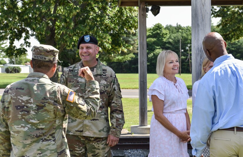 U.S. Army Col. Frederick Toti and his family say goodbye to colleagues and friends after the 2nd BDE ROTC change of command at Joint Base McGuire-Dix-Lakehurst, N.J., June 25, 2021. Col. Toti’s next assignment will be to Carlisle Barracks, Pennsylvania. (U.S. Air Force Photo by Senior Airman Shay Stuart)