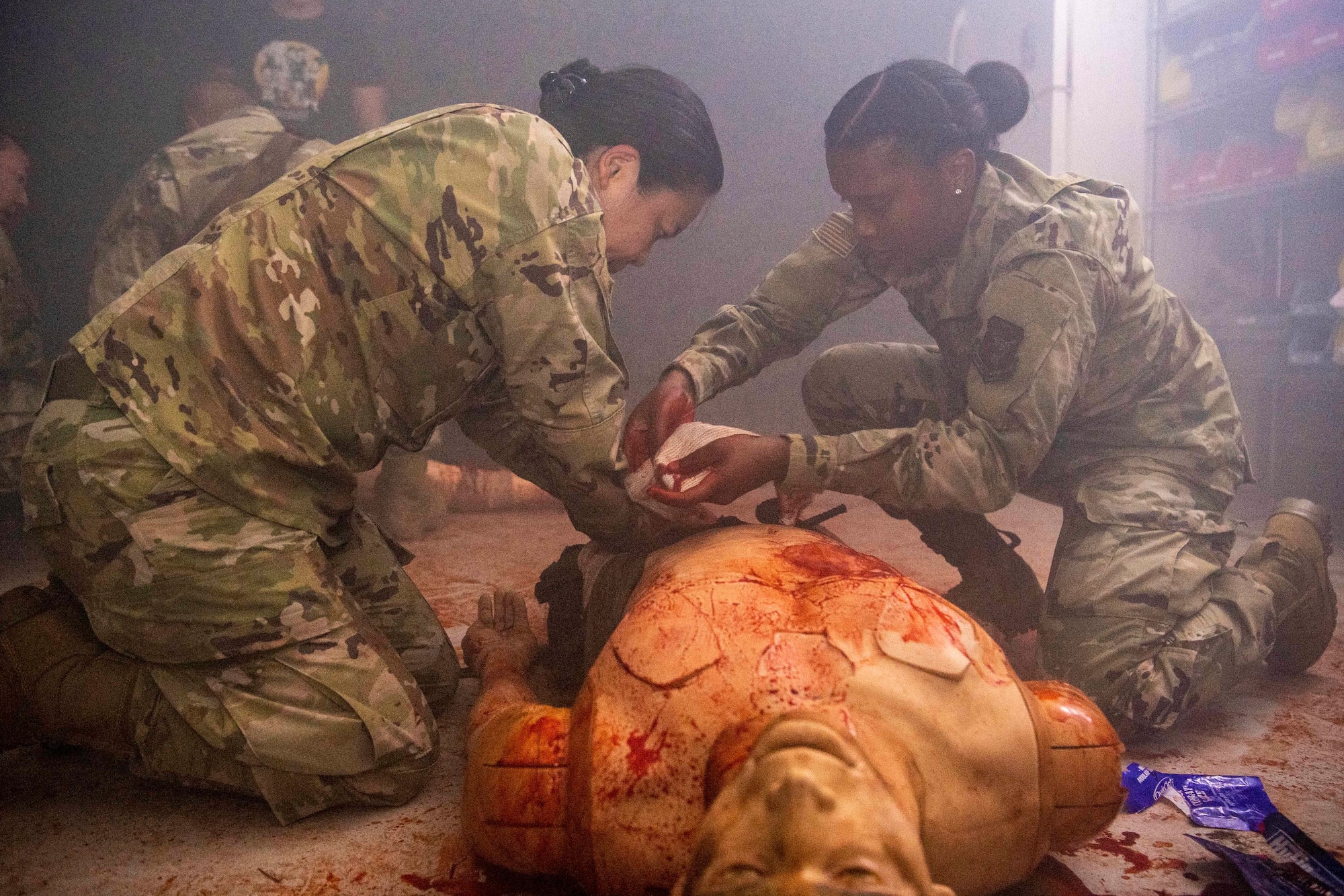 1st Lt. Rylyn Kinoshita and Staff. Sgt. Ebony Davis, 624th Regional Support Group Reserve Citizen Airmen trained on medical scenarios in the blood lab during Pacific Warriorz 2021 which is a Total Force Integration and Joint Training exercise at Schofield Barracks, Hawaii June 11, 2021.