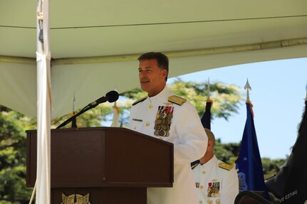 Camp H.M. Smith, Hawaii (June 25 2021) Admiral John Aquilino, Commander, USINDOPACOM, delivers remarks during the change of command ceremony for Joint Interagency Task Force West (JIATF West), where Rear Admiral Robert Hayes relinquished command to Rear Charles Admiral Fosse.