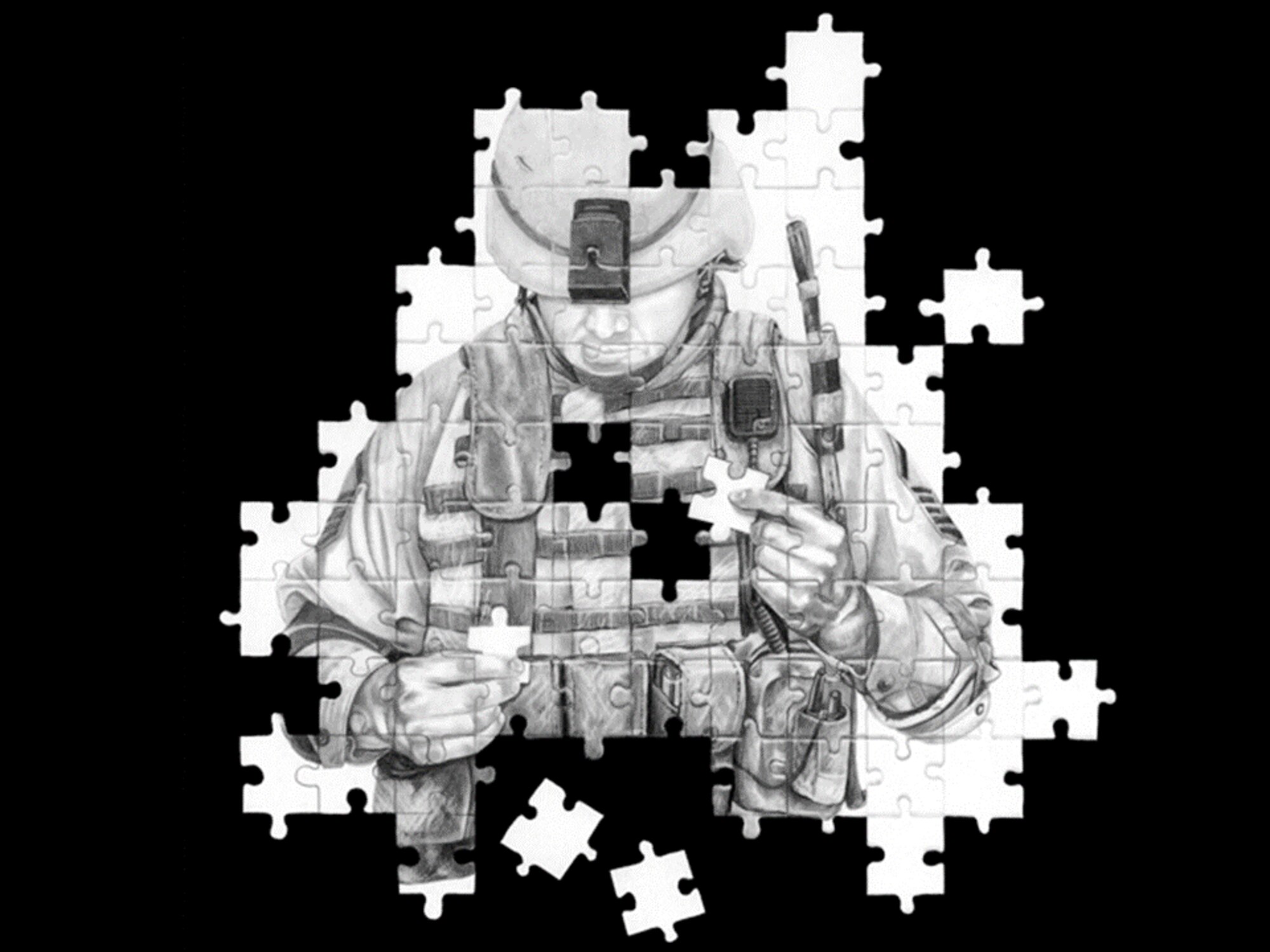 Pencil illustration attempting to visualize PTSD. Those that suffer from this disorder are constantly trying to regain some sense of the normalcy they had before events that caused pieces of themselves to go missing.
