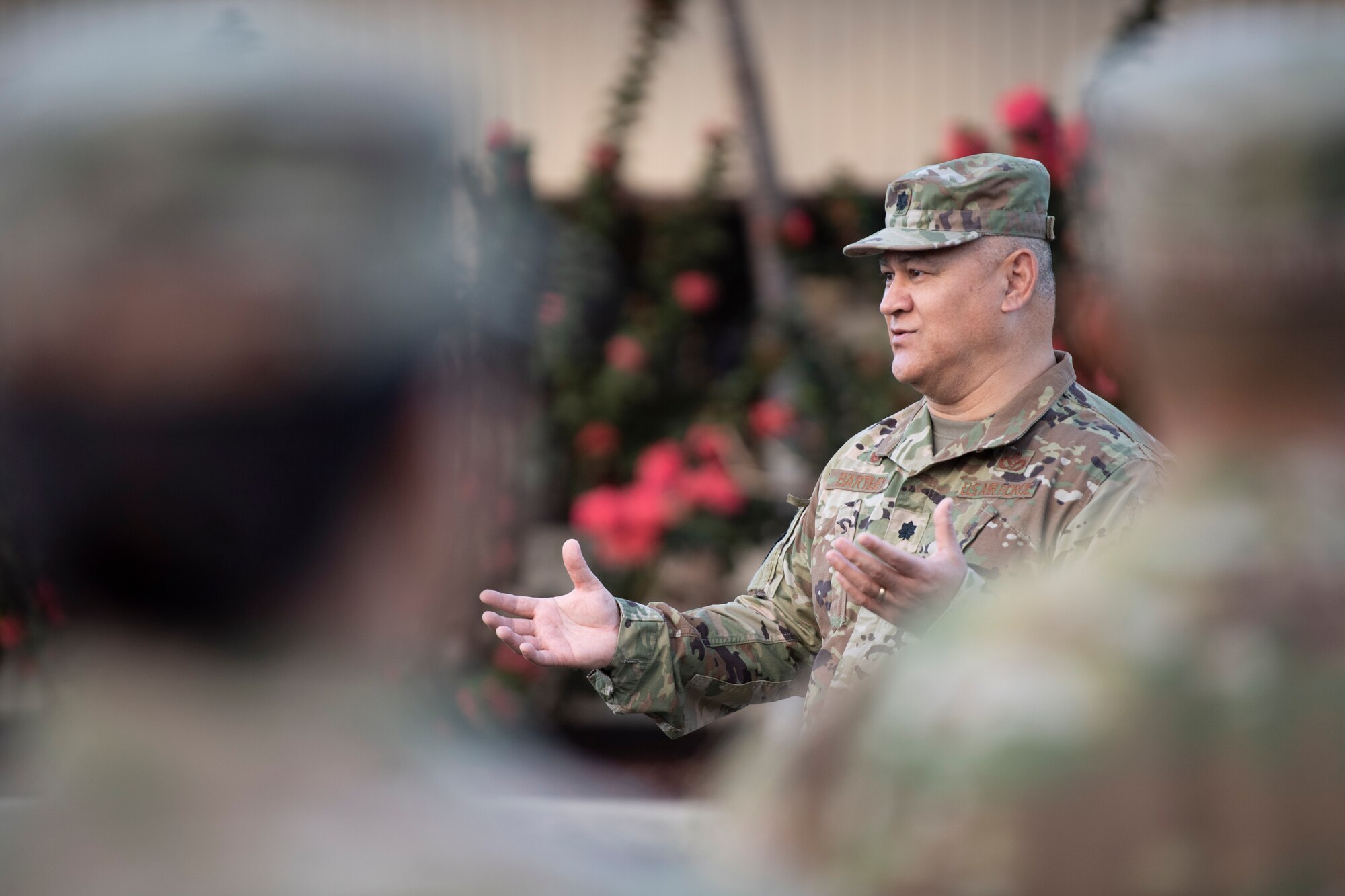 Lt. Col. Rudoph Bartley, 624th Civil Engineer Squadron commander (CES), briefs Reserve Citizen Airmen on teamwork, safety and a positive attitude while at Joint Base Pearl Harbor-Hickam, Hawaii, June 10, 2021.