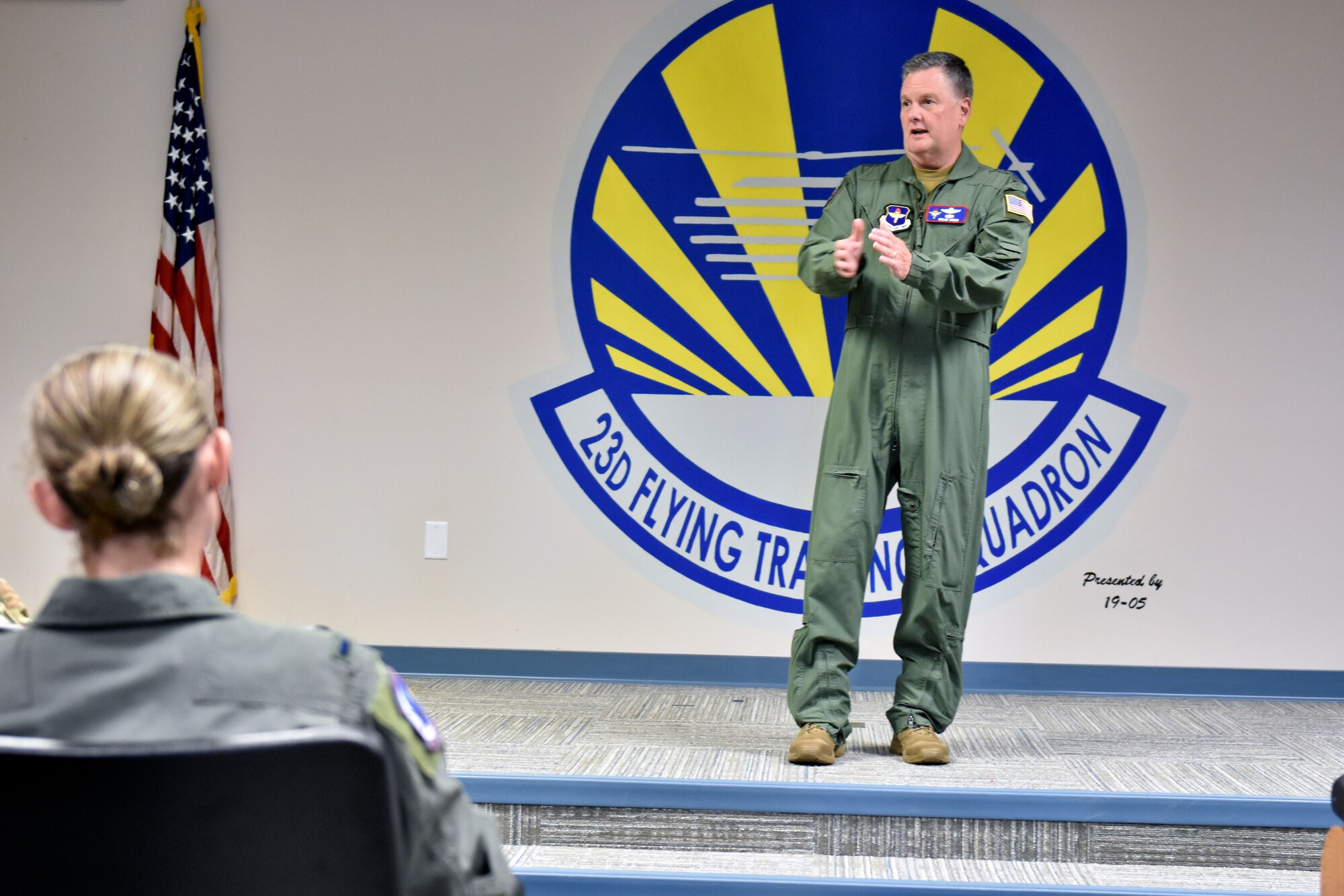 Lt. Gen. Brad Webb, commander of Air Education and Training Command, speaks to the Airmen of the 23rd Flying Training prior to presenting the General Larry O. Spencer Innovation Award at Fort Rucker, Alabama, June 22, 2021. The Helicopter Training Next Team was recognized as Air Education and Training Command-level team winner of the General Larry O. Spencer Innovation Award. The award is intended to annually recognize Airmen who come up with creative and efficient ways to save money and time