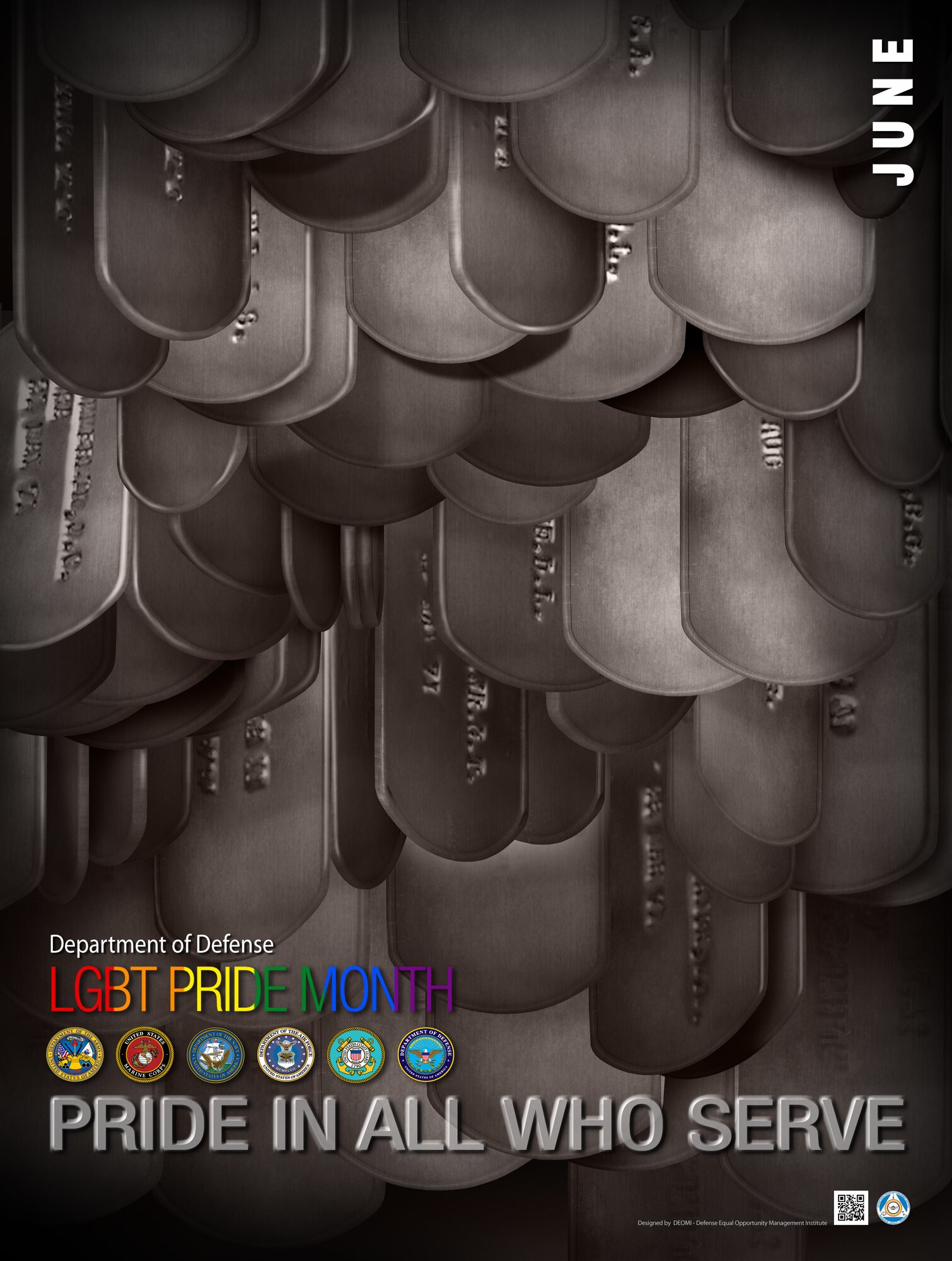 A graphic of several dog tags hanging with "LGBT Pride Month" written in rainbow lettering over it. The slogan "Pride in all who serve" is displayed at the bottom of the graphic.
