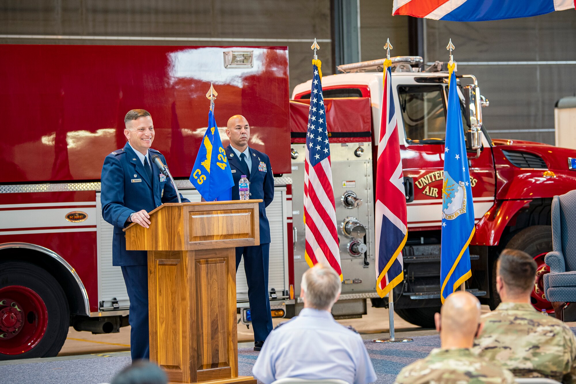 U.S. Air Force Col. Richard Martin, left, 423rd Air Base Group commander, speaks during a change of command ceremony at RAF Alconbury, England, June 25, 2021. During the ceremony Lt. Col. Brian Beauter relinquished command of the 423rd CS to Maj. Erica Balfour. (U.S. Air Force photo by Senior Airman Eugene Oliver)