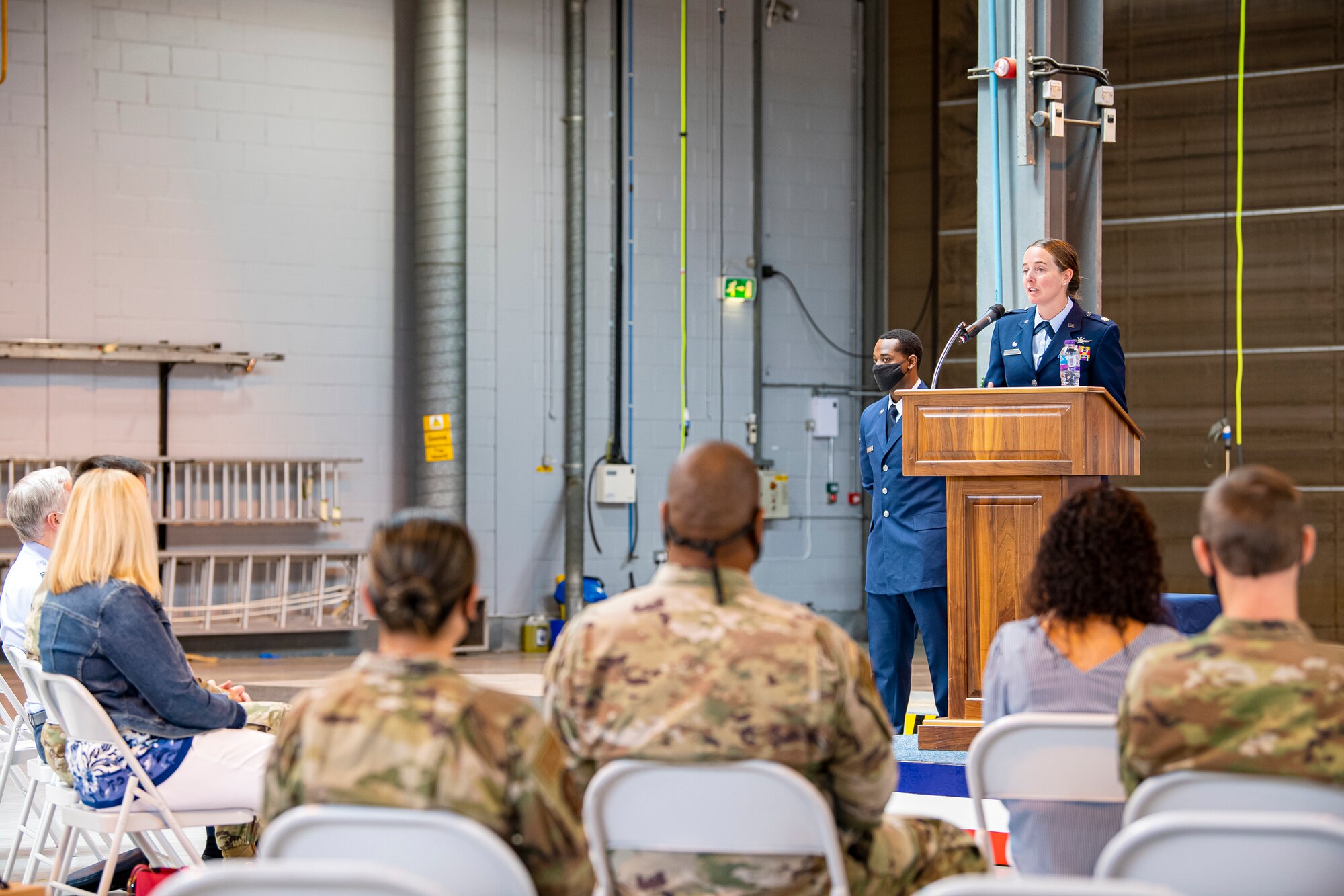 U.S. Air Force Maj. Erica Balfour, 423rd CS incoming commander, speaks during a change of command ceremony at RAF Alconbury, England, June 25, 2021. Prior to assuming command of the 423rd CS Balfour was a student at the Air Command and Staff College, Maxwell Air Force Base, Alabama. (U.S. Air Force photo by Senior Airman Eugene Oliver)