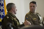 U.S. Army Maj. Gen. Timothy E. Gowen, adjutant general for Maryland, meets with Lt. Gen. Senad Mašović, Armed Forces of Bosnia and Herzegovina chief of joint staff, June 23, 2021, for the first time in BiH. The Maryland National Guard and AFBiH have been partners for about 18 years under the State Partnership Program.