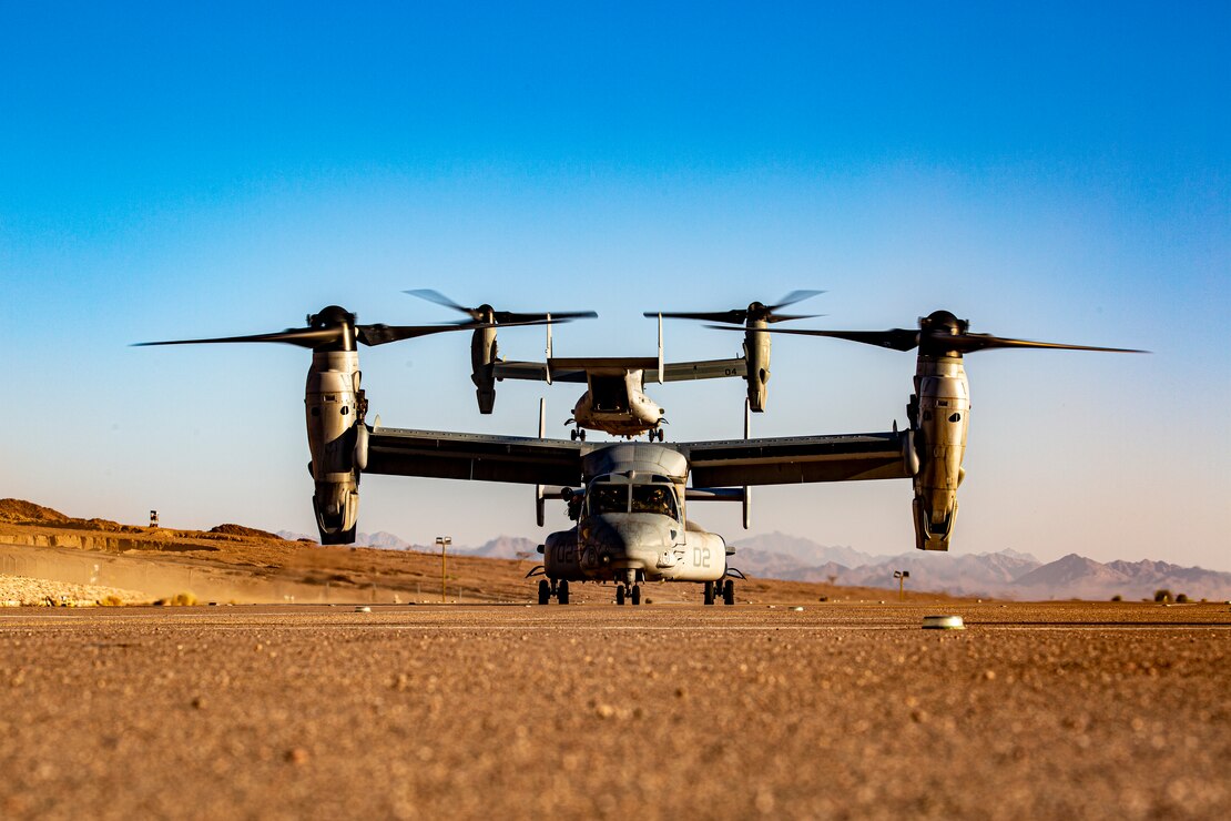 MV-22B Osprey tiltrotor aircraft attached to the 24th Marine Expeditionary Unit operate in support of a theater amphibious combat rehearsal at Camp Titin, Jordan, June 8, 2021. TACR integrates U.S. Navy and Marine Corps assets to exercise a range of critical combat-related capabilities, both afloat and ashore. 24th MEU is deployed to the U.S. 5th Fleet area of operations in support of naval operations to ensure maritime stability and security in the central region, connecting the Mediterranean and Pacific through the western Indian ocean and three strategic choke points.