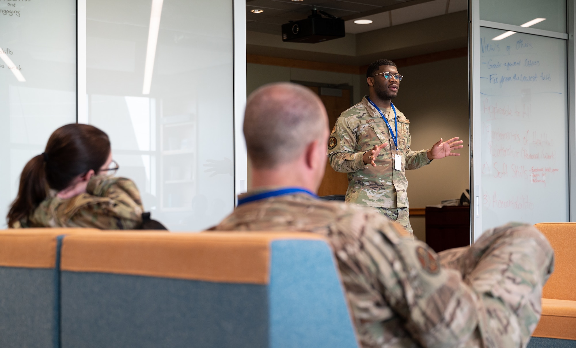 Senior Airman Naim Smith, 2nd Force Support Squadron administrative journeyman, speaks about his experience during the Air Force Global Strike Command Peer Influencer Conference at the Cyber Innovation Center in Bossier City, Louisiana, June 21, 2021. Victim advocates and peer influencers from installations across AFGSC came together to share ideas and best practices to tackle sexual assault prevention and response. (U.S. Air Force photo by Airman 1st Class Jonathan E. Ramos)