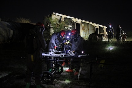 Soldiers from the 3rd Platoon, 68th Engineer Company from Fort Hood, TX gather Chemical, Biological, Radiological and Nuclear detection equipment to survey an area during a two-day training and certification exercise at the San Antonio Firefighter Training Facility in San Antonio, Texas on October 22 - 23, 2019.