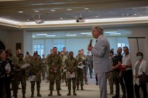 John Tecklenburg, the Mayor of Charleston, delivers opening remarks to Airmen and individuals from the Charleston community at Joint Base Charleston, S.C. June 28, 2021. The 2021 Mentorship Drive was used to connect Airman and the community together to provide different mentorship opportunities to strengthen the bond between Joint Base Charleston and its community.