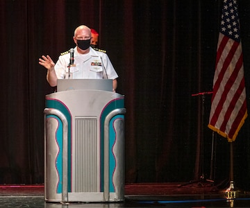 Capt. Jip Mosman, commander, Puget Sound Naval Shipyard & Intermediate Maintenance Facility, congratulates some of the 221 nominees for 2020 Employee of the Year during an award ceremony June 28, 2021, at the historic Admiral Theater in Bremerton, Washington. (PSNS & IMF photo by Scott Hansen)