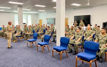 NEWPORT, R.I. (June 28, 2021) - Chief of Naval Operations (CNO) Adm. Mike Gilday visits with Sailors during a trip to Naval Station Newport, Rhode Island. (U.S. Navy photo by Cmdr. Nate Christensen/Released)