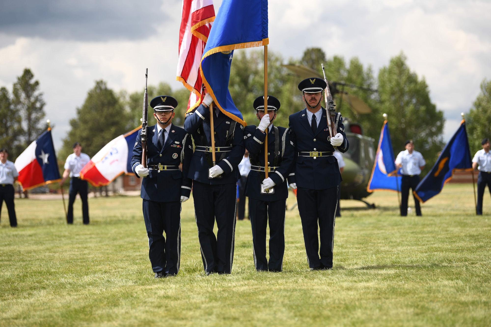 The honor guard stands in formation during the 90 MW change of command ceremony June 28, 2021, F.E. Warren Air Force Base, Wyoming. The ceremony signified the transition of command from Col. Peter Bonetti to Col. Catherine Barrington. (U.S. Air Force photo by Airman 1st Class Darius Frazier)