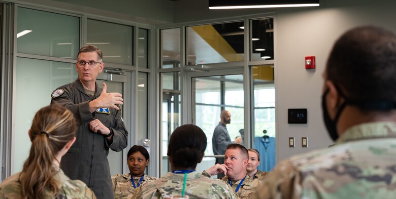 Gen. Timothy Ray, Air Force Global Strike Command commander, welcomes participants and gives introductory remarks during the AFGSC Peer Influencer Conference at the Cyber Innovation Center in Bossier City, Louisiana, June 21, 2021. Victim advocates and peer influencers from installations across AFGSC came together to share ideas and best practices to tackle sexual assault prevention and response. (U.S. Air Force photo by Airman 1st Class Jonathan E. Ramos)