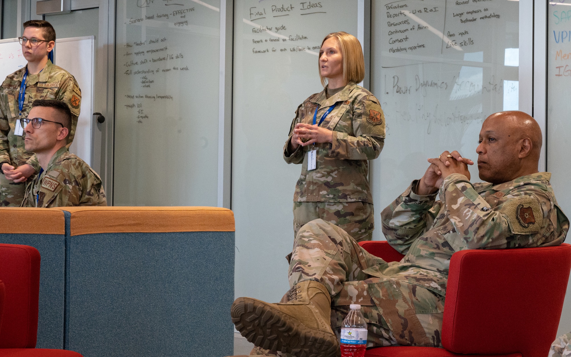 Lt. Gen. Anthony Cotton, Air Force Global Strike Command deputy commander, receives a brief by conference participants during the AFGSC Peer Influencer Conference at the Cyber Innovation Center in Bossier City, Louisiana, June 21, 2021. Victim advocates and peer influencers from installations across AFGSC came together to share ideas and best practices to tackle sexual assault prevention and response. (U.S. Air Force photo by Airman 1st Class Jonathan E. Ramos)