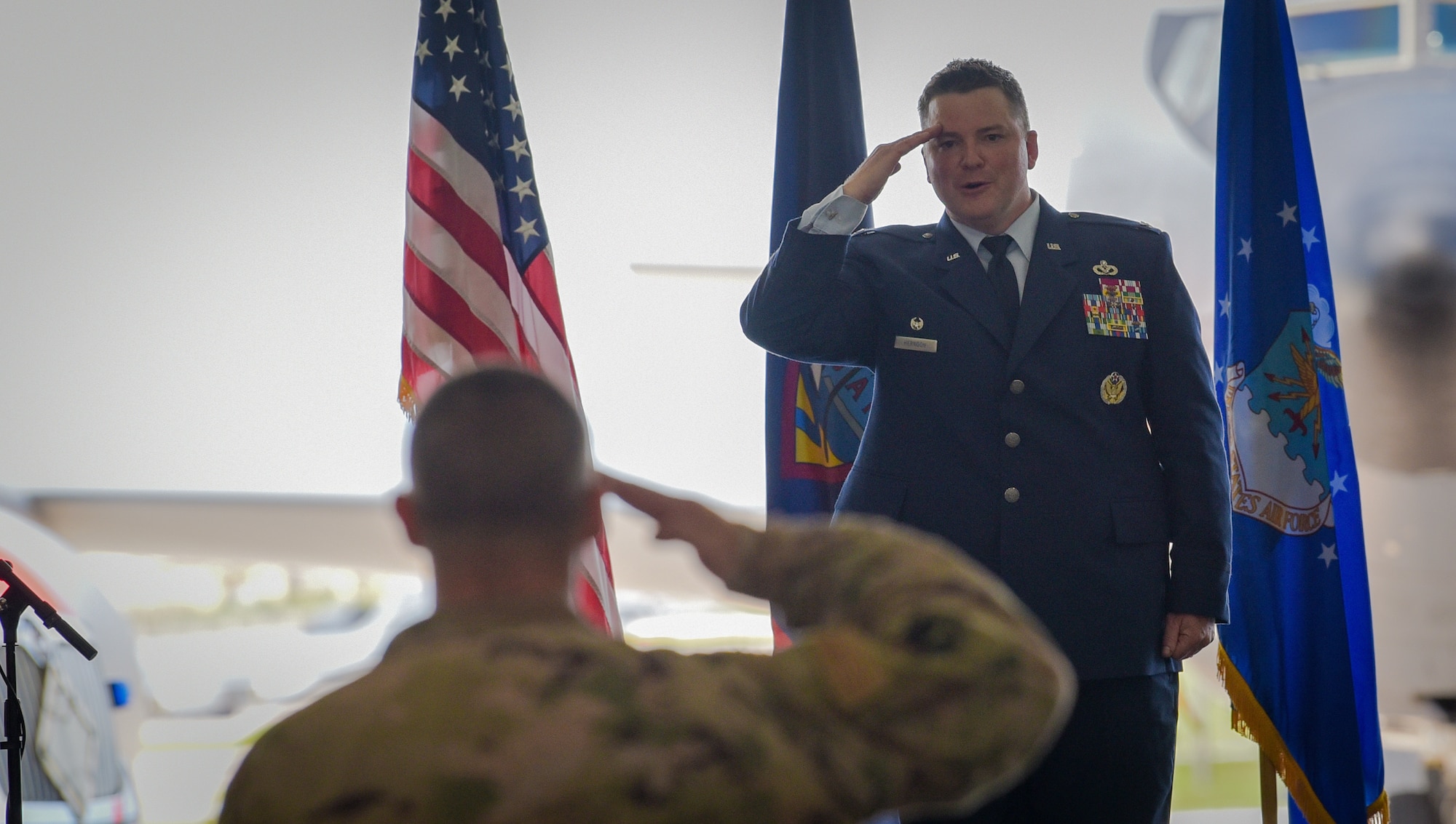 U.S. Air Force Col. Kenneth Herndon, 36th Mission Support Group incoming commander, renders his first salute to the Airmen of the 36th MSG during a change of command ceremony at Andersen Air Force Base, Guam, June 29, 2021.