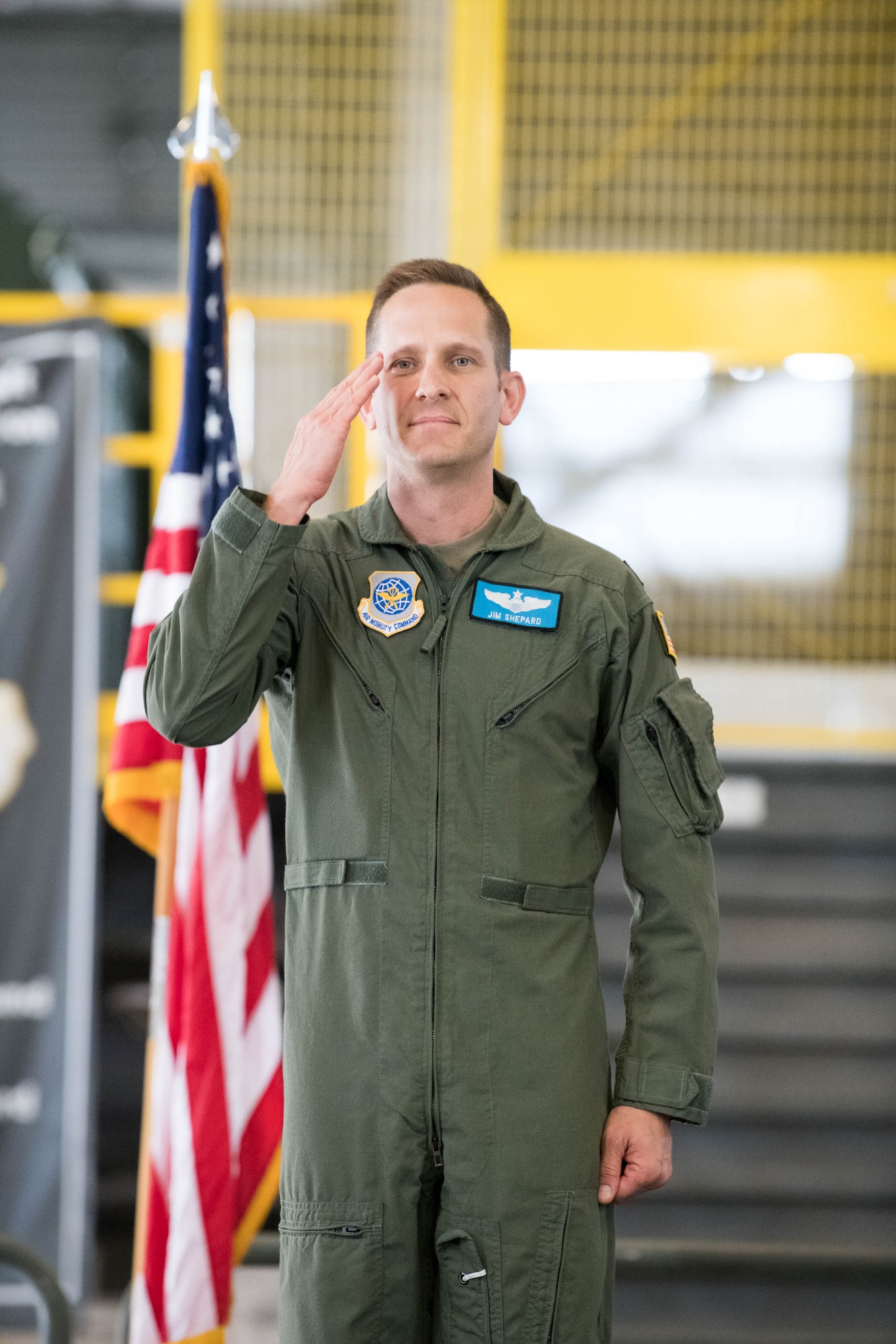 Lt. Col. James Shepard accepts his first salute as commander of the 9th Airlift Squadron during a change of command ceremony at Dover Air Force Base, Delaware, June 25, 2021. The ceremony saw Lt. Col. John Habbestad relinquish command to Shepard. The 9th AS routinely trains to provide global reach with unique outsized and oversized airlift capability on the C-5M Super Galaxy. (U.S. Air Force photo by Mauricio Campino)