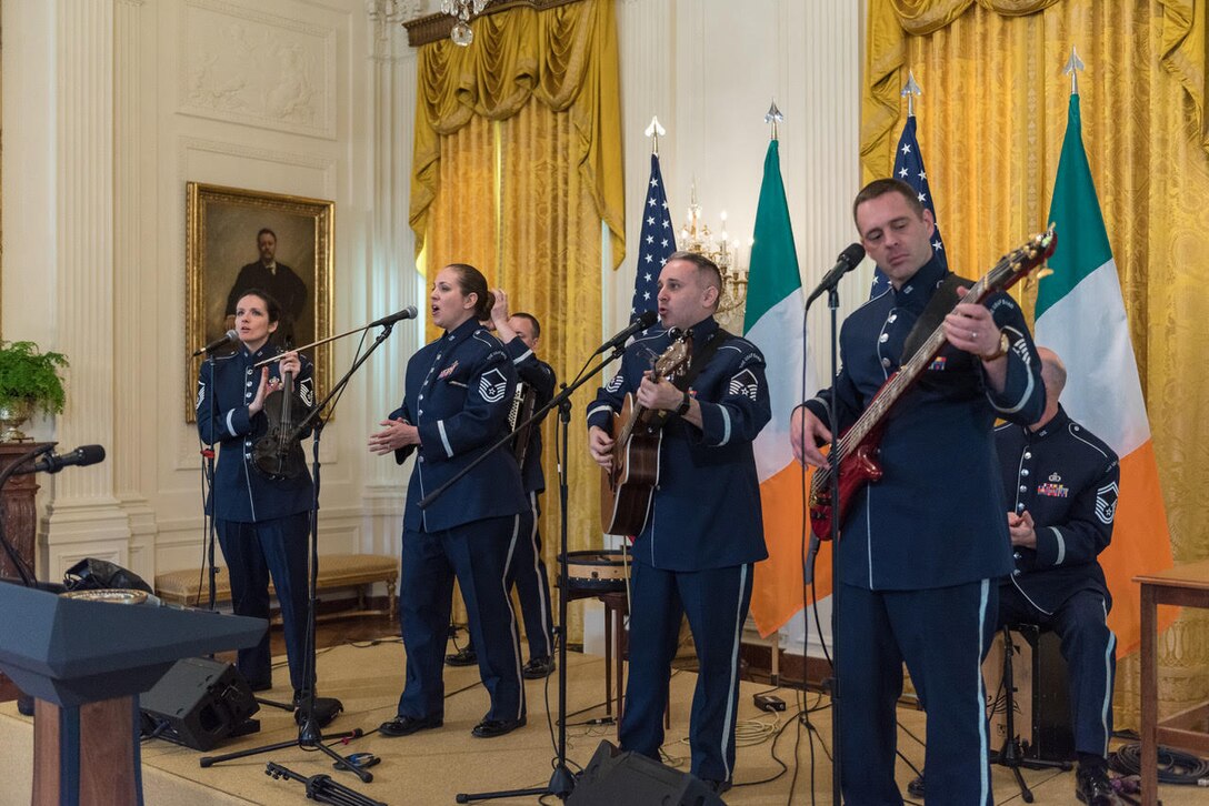 Celtic Aire performs at the White House in March 2019. Pictured left to right: Senior Master Sgt. Emily Wellington, Master Sgt. Julia Cuevas, Senior Master Sgt. Joe Haughton, and Master Sgt. Eric Sullivan. (U.S. Air Force photo by Senior Master Sgt. (sel) Grant Langford)