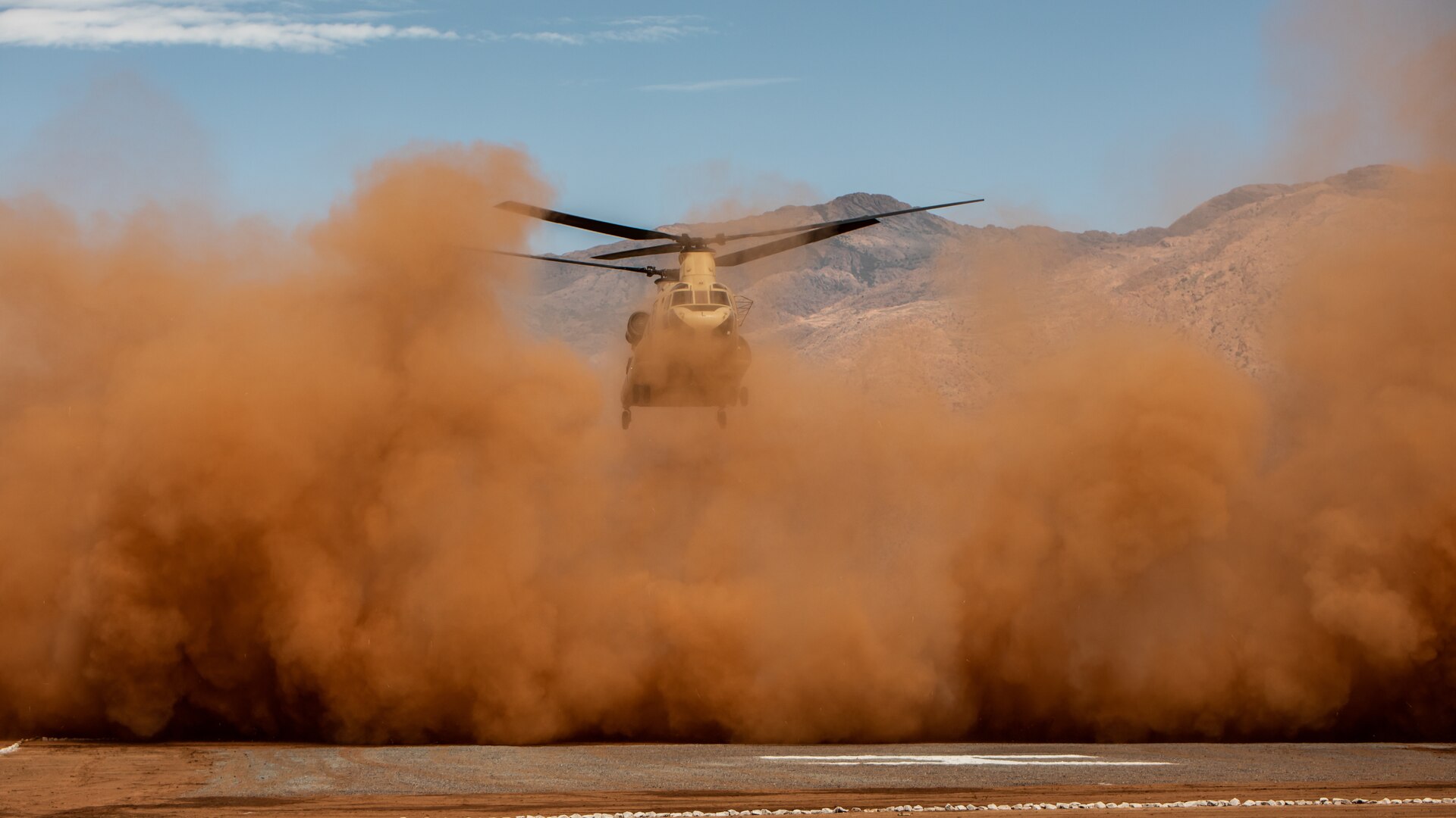 A Moroccan Armed Forces CH-47 Chinook lands during African Lion 2021 June 16, 2021, at the Military Medical Surgical Field Hospital in Tafraoute, Morocco. African Lion 2021 is U.S. Africa Command's largest annual exercise hosted by Morocco, Tunisia and Senegal, June 7-18.