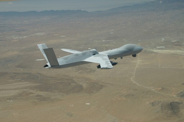 A General Atomics MQ-20 Avenger unmanned vehicle returns to El Mirage Airfield, Calif. June 24, 2021. The MQ-20 successfully participated in Edwards Air Force Base’s Orange Flag 21-2 to test the Skyborg Autonomy Core System. (Photo courtesy of General Atomics