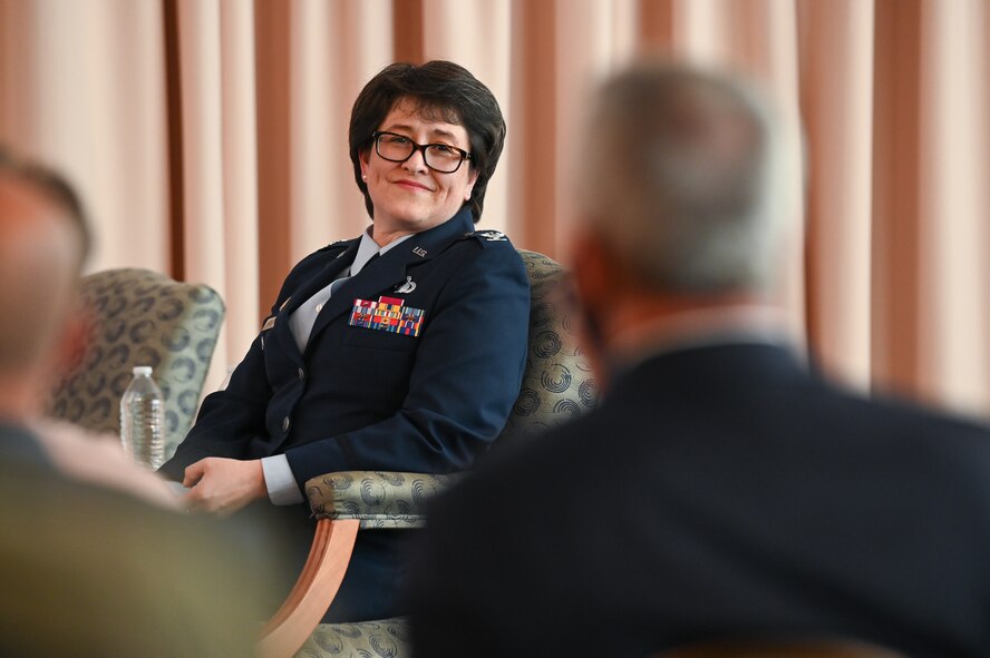 Col. Amanda G. Kato smiles warmly during the retirement ceremony honoring her more than 29 years of service in the Air Force on June 18, 2021, at Hanscom Air Force Base, Massachusetts. She is the Air Force program executive officer for nuclear command, control and communications (NC3), as well as the director of NC3 integration for the Air Force Nuclear Weapons Center. (U.S. Air Force photo by Todd Maki)