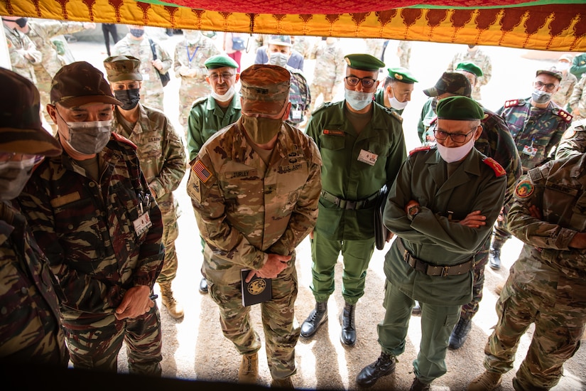 Moroccan Gen. Belkhir El Farouk, the Royal Moroccan Armed Forces Southern Zone Commander, U.S. Army Maj. Gen. Michael Turley, Adjutant General Utah National Guard, learn more about the humanitarian civil assistance during a key leader engagement as part of African Lion 2021 June 16, 2021, at the Military Medical Surgical Field Hospital in Tafraoute, Morocco