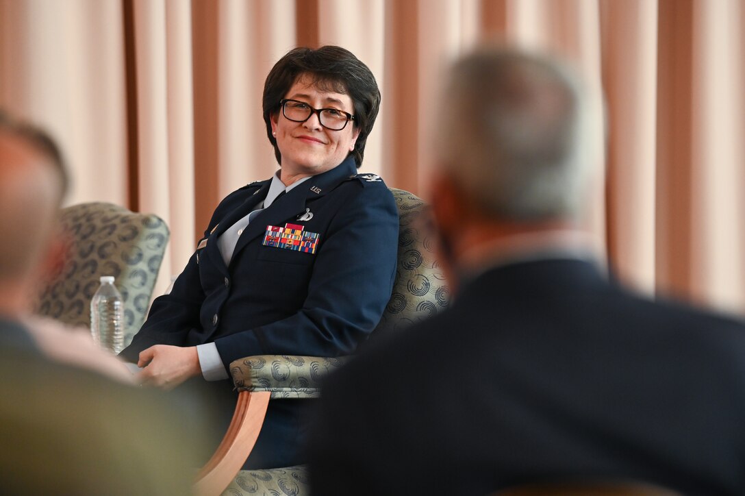 Col. Amanda G. Kato smiles warmly during the retirement ceremony honoring her more than 29 years of service in the Air Force on June 18, 2021, at Hanscom Air Force Base, Massachusetts. She is the Air Force program executive officer for nuclear command, control and communications (NC3), as well as the director of NC3 integration for the Air Force Nuclear Weapons Center. (U.S. Air Force photo by Todd Maki)