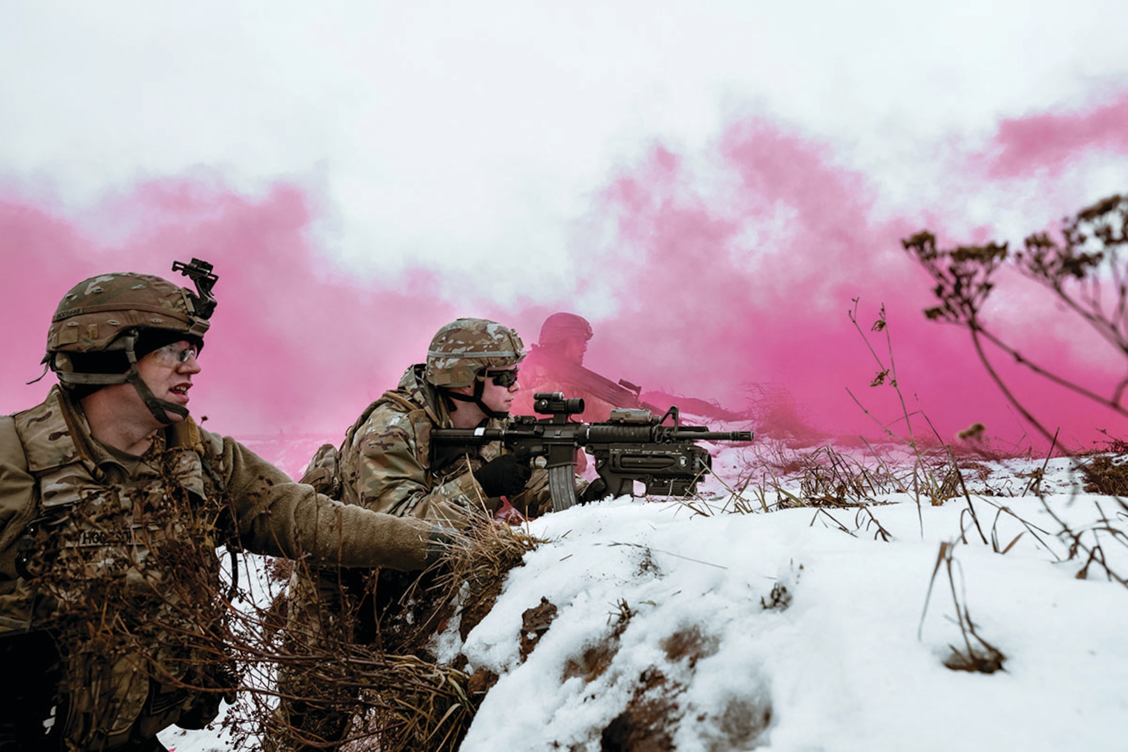 Battle Group Poland—multinational coalition of U.S., UK, Croatian, and Romanian soldiers who serve with Polish armed forces 15th Mechanized Brigade—performs winter live-fire training during Operation Raider Lighting, at Bemowo Piskie training area, Poland, January 16, 2019 (U.S. Army/Arturo Guzman)