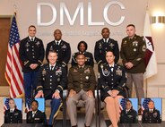 Army Medical Logistics Command leaders celebrated nine graduates of the Medical Logistics Management Internship Program during a ceremony at Fort Detrick, Maryland, on June 23. Back row (left to right) are Capt. Matthew Smith, Capt. Chris Wright, Staff Sgt. Brenda King-Vickers, Capt. Joshua Okoemu and Master Sgt. Howard Fitzhugh. Seated are U.S. Army Medical Materiel Agency Commander Col. Ryan Bailey, MLMIP Program Manager Maj. Christopher Baisa and USAMMA Sgt. Major Monnet Bushner. Lower inset (left to right) are Capt. Anthony Turano, Capt. Crystal Warburton, Staff Sgt. Danielle Diggs and Sgt. 1st Class Jonathan Caseja.