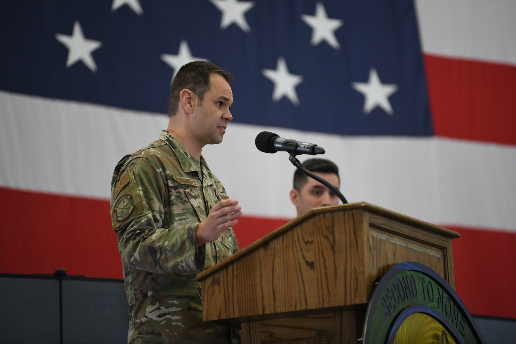 Lt. Col. Joseph Zrodlowski, the outgoing commander of the 790 Missile Security Forces Squadron, speaks to those attending the 790 MSFS Change of Command Ceremony on F.E. Warren Air Force Base, Wyoming, on June 29, 2021. The ceremony signified the transition of command from Zrodlowski to Maj. Bryan Tuttle, the incoming commander of the 790 MSFS. (U.S. Air Force photo by Airman 1st Class Darius Frazier)