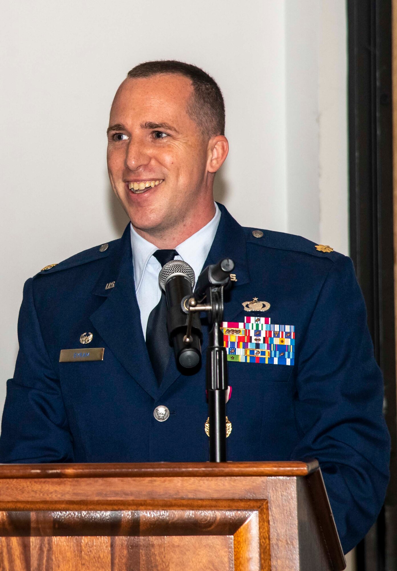 Maj. Kevin Byram, 436th Comptroller Squadron commander, speaks during a change of command ceremony on Dover Air Force Base, Delaware, June 28, 2021. The ceremony saw Byram relinquish command to Lt. Col. Gretchen Lewis. (U.S. Air Force photo by Airman 1st Class Stephani Barge)