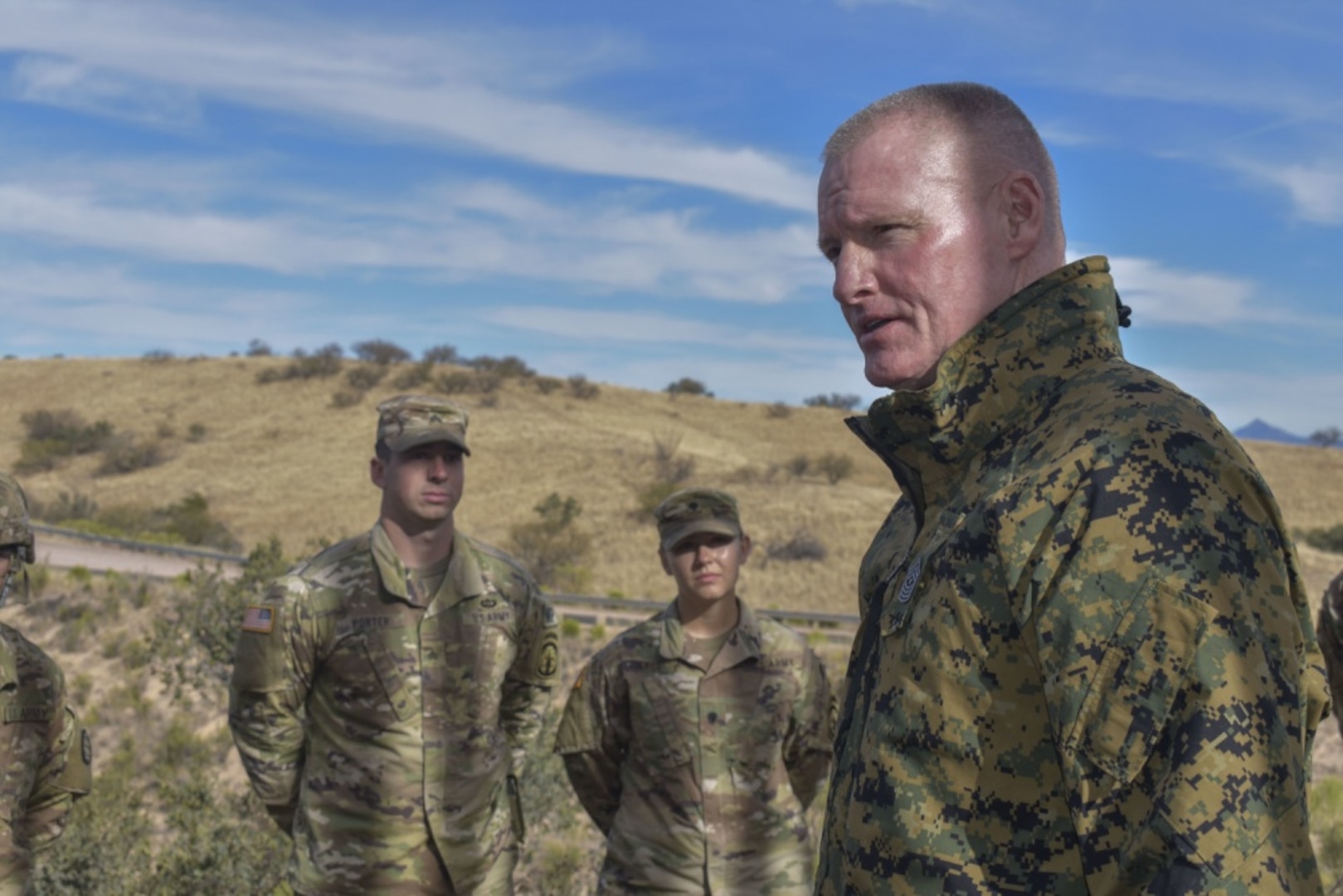 U.S. Marine Sgt. Maj. Paul McKenna thanks Soldiers for their hard work and dedication to an important mission at the Southwest Border in Nogales, Ariz.