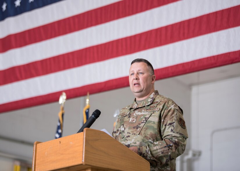 Chief Master Sgt. James Tongate, incoming state command chief for the Kentucky Air National Guard, speaks at his assumption-of-responsibility ceremony at the Kentucky Air National Guard Base in Louisville, Ky., May 15, 2021. Tongate previously served as the 123rd Airlift Wing's human resource advisor. (U.S. Air National Guard photo by Senior Airman Chloe Ochs)