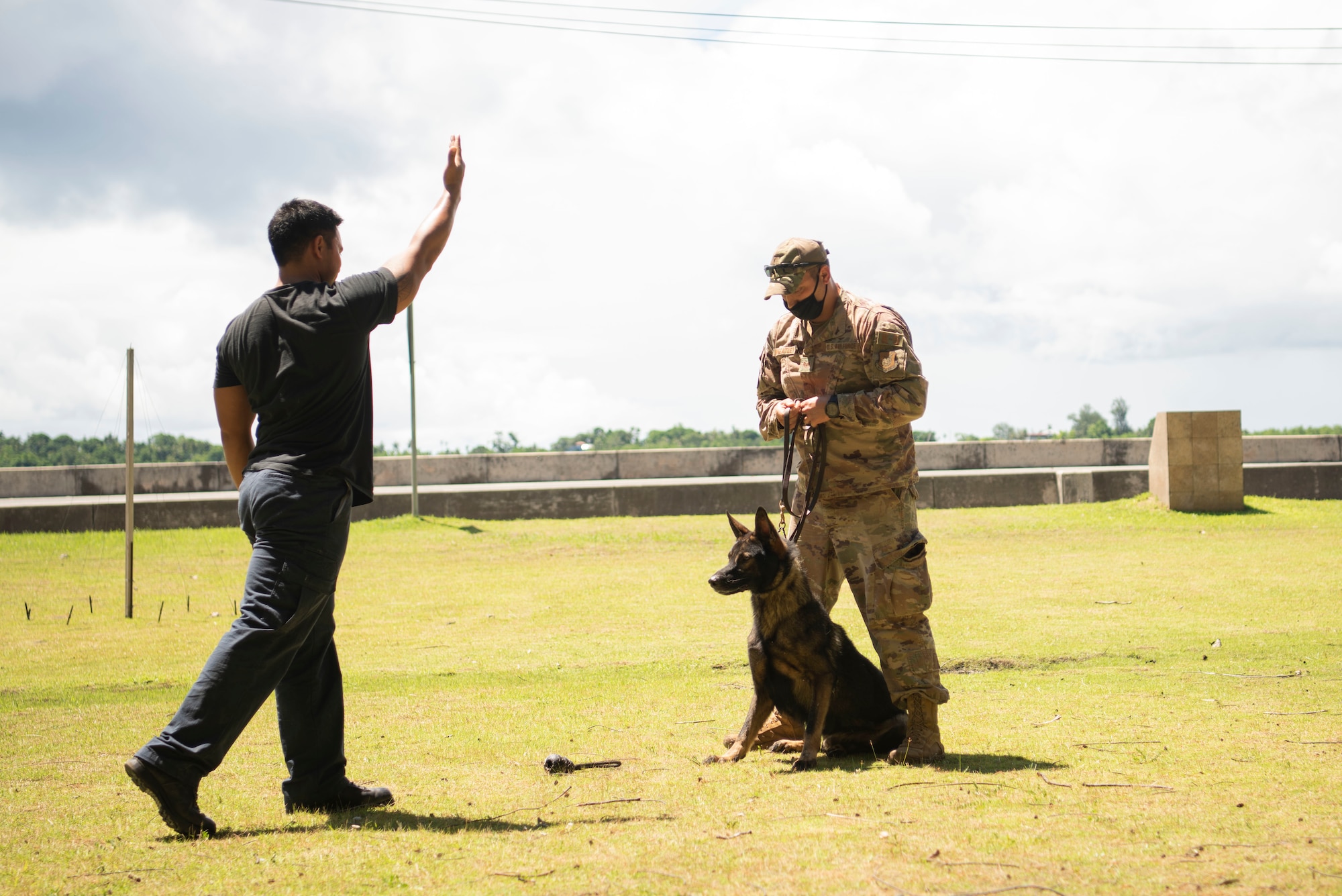 U.S. Air Force Staff Sgt. Casey Wheatley, 736th Security Forces Squadron non-commissioned officer in charge of the military working dog operations, teaches a member of Palau’s Ministry of Justice how to handle a working dog during a Mobile Training Team mission in Palau, June 23, 2021. A Mobile Training Team of subject matter experts from Andersen AFB went to teach members from the Ministry of Justice and Ministry of Public Infrastructure and Institution in Palau how to properly utilize equipment they received from the Department of Defense through 333 Funding Authority. (U.S. Air Force photo by Senior Airman Aubree Owens)