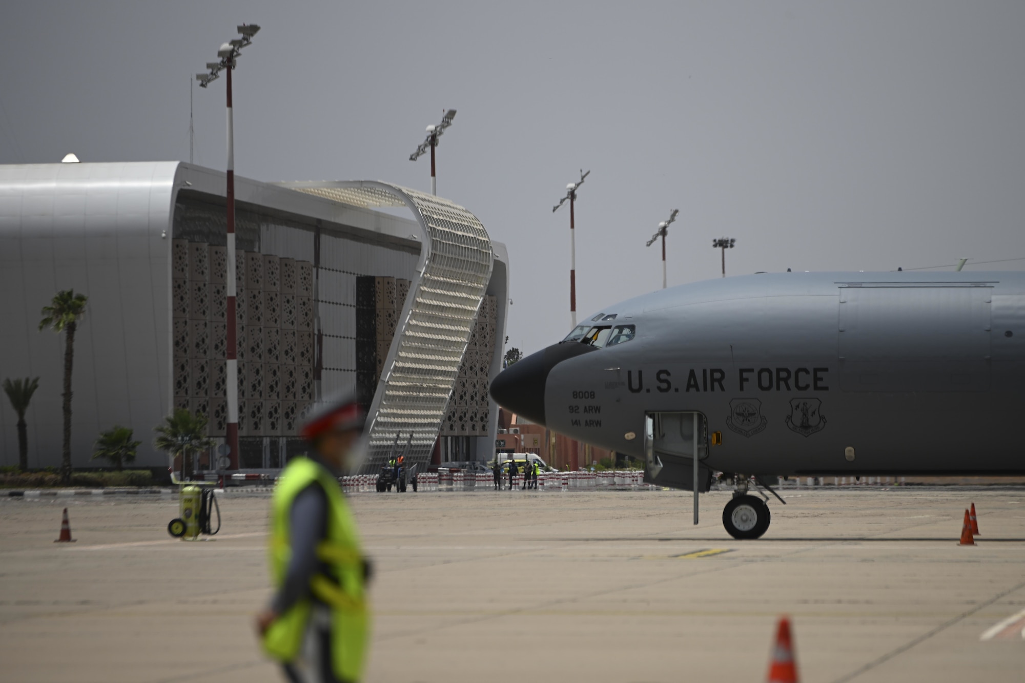 A U.S. Air Force KC-135 Stratotanker aircraft assigned to the 100th Air Refueling Wing, Royal Air Force Mildenhall, England, sits on the flight line of Marrakesh Menara Airport, Morocco, during Exercise African Lion 2021, June, 15, 2021. During African Lion, the KC-135s will provide critical air refueling support to U.S. and Moroccan fighters, promoting interoperability. 



African Lion is U.S. Africa Command's largest, premier, joint, annual exercise hosted by Morocco, Tunisia and Senegal, 7-18 June. More than 7,000 participants from nine nations and NATO train together with a focus on enhancing readiness for U.S. and partner nation forces. African Lion is a multi-domain, multi-component, and multi-national exercise, which employs a full array of mission capabilities with the goal to strengthen interoperability among participants. (U.S. Air Force photo by Senior Airman Joseph Barron)