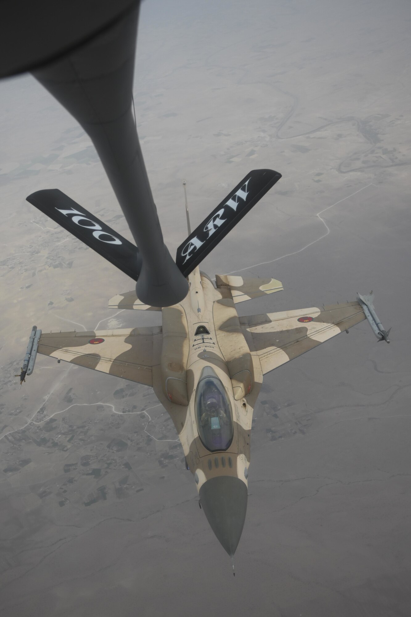 A Royal Moroccan Air Force F-16 Fighting Falcon aircraft approaches to conduct air refueling with a U.S. Air Force KC-135 Stratotanker aircraft over Morocco during Exercise African Lion 2021, June 15, 2021. African Lion promotes the U.S. as the partner of choice in Africa and encourages other African nations to consider partnership opportunities with the U.S.



African Lion is U.S. Africa Command's largest, premier, joint, annual exercise hosted by Morocco, Tunisia and Senegal, 7-18 June. More than 7,000 participants from nine nations and NATO train together with a focus on enhancing readiness for U.S. and partner nation forces. African Lion is a multi-domain, multi-component, and multi-national exercise, which employs a full array of mission capabilities with the goal to strengthen interoperability among participants. (U.S. Air Force photo by Senior Airman Joseph Barron)